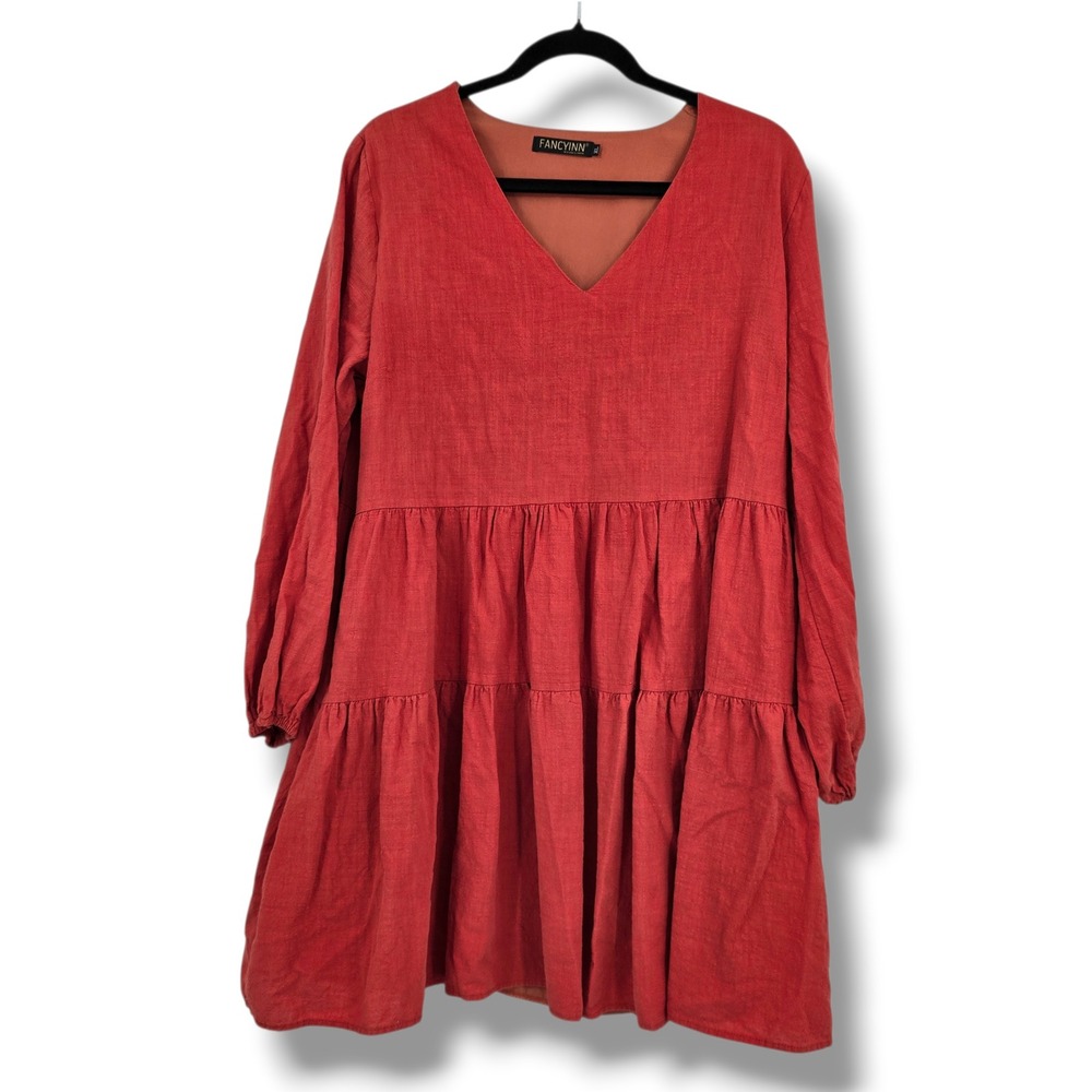 Fancyinn Women Rust Red Tiered Babydoll Dress V-Neck Long Sleeve Lined XL
